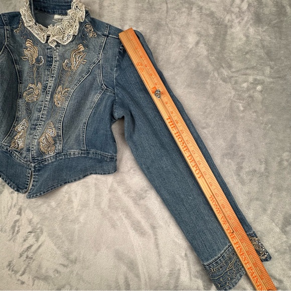 Vintage 90s Y2k Denim Jacket Womens Sz 12 Lace Fairy Whimsygoth Embroidered - Picture 11 of 13